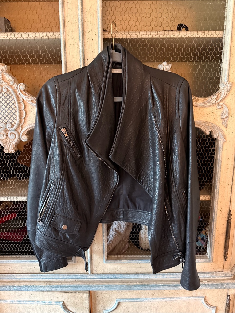 Vince Black Draped Leather Moto Jacket